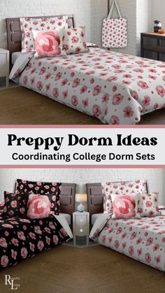 a bed with pink flowers on it and the words prep dorm ideas coordinating college dorm sets