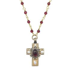 Iridescent freshwater pearls glow alongside vibrant garnet stones in this delicate cross pendant necklace. This 24k gold plated necklace has been made with love in our NYC studio, and makes a wonderful Easter gift..........................................................................................................Item Details-Materials: Garnet, freshwater pearls-Metal: 24K gold electroplated over brass-Size: Chain adjustable 14-17″ and pendant 1/2” long-Lobster claw clasp-Handmade in our NYC Funky Necklaces, Jewel Makeup, Pearl Cross Necklace, Funky Necklace, Oc Board, Pretty Jewelry, Funky Jewelry, Creating Jewelry, Garnet Stone