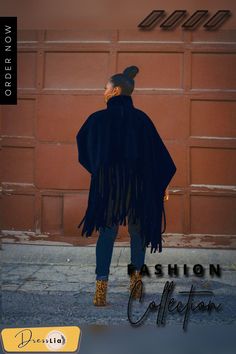 Suede Tassel Shawl Cape Loose Pullover Top Fringe Long Sleeve Poncho For Fall, Fringed Long Sleeve Poncho For Fall, Long Sleeve Fringe Poncho For Fall, Fringe Shawl Outerwear For Fall, Winter Cape With Tassels, Winter Fringe Cape Outerwear, Winter Fringe Shawl Outerwear, Fall Fringe Cape Outerwear, Fringe Cape Outerwear For Fall