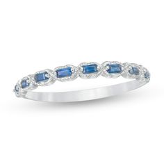 Destined to be adored, this vintage-inspired gemstone ring is meant to be hers. Fashioned in cool 10K white gold, this bright style showcases sideways baguette-cut bright blue sapphires alternating in milgrain-detailed frames. Buffed to a brilliant luster, this ring is a style must-have. Wedding Ring Wraps, Zales Jewelry, Ring Wrap, Stackable Rings Wedding, Vintage Style Rings, Sapphire Engagement Ring Blue, Stackable Ring, Sapphire Stone, Precious Jewelry