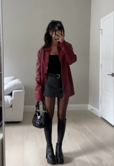 @hope.cee Fall Pop Of Color Outfit, Concert Outfit Ideas Indie Rock, Mun Outfits Girl, Dark Red Tops Outfit, Pizza Date Outfit Winter, Outfit For Formal Events, Fall Night Outfits Going Out, Nice Going Out Outfits Winter, Winter Outfits Going Out Night Cold