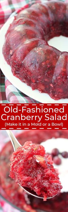 an old fashioned cranberry salad is served on a plate with a spoon in it