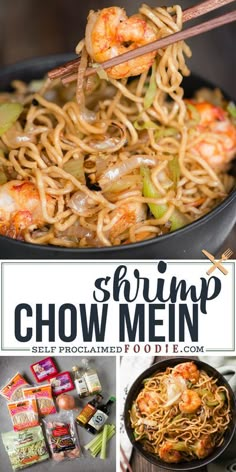 shrimp chow mein with chopsticks and noodles in a skillet on the side