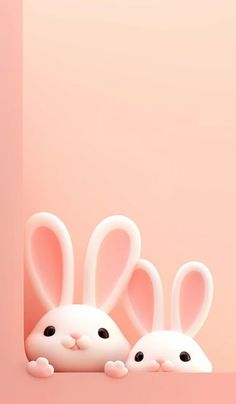 two white rabbits peeking out from behind a pink wall