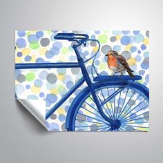 a bird sitting on the handlebars of a blue bicycle with polka dot background