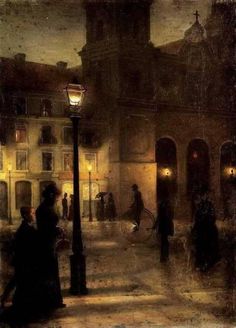 a painting of people walking down a street at night