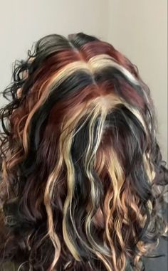 Red And White Chunky Highlights, Red Streaked Hair Highlights, Black Blond And Red Hair Highlights, Red Blonde And Black Highlights, Red And Blonde Highlights On Black Hair, Rockstar Hair Color, Red With Blonde Highlights Curly Hair, Red Blond And Brown Hair Highlights, Curly Dyed Highlights