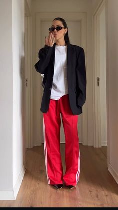 Blazer And Track Pants, Track Pants And Blazer Outfit, Adidas Red Track Pants Outfit, Red Linen Pants Outfit, Red Track Pants Outfit, Adidas Firebird Pants Outfit, Adibreak Pants Outfit, Red Adidas Pants Outfit, Adidas Track Pants Outfit