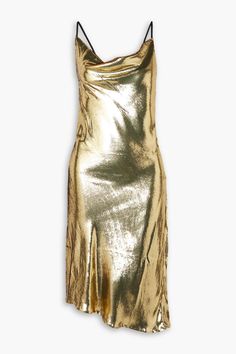 Find PETAR PETROV Alena Draped Metallic Lamé Midi Dress on Editorialist. Slip dress lamé draped asymmetric hem slips on fully lined mid-weight, non-stretchy fabric dry clean made in italy Petar Petrov creates a vision in liquid gold with this 'Alena' lamé dress. Taking cues from '90s styles, it's cut for a slim fit and has a draped cowl neckline. Style yours with some statement heels for hours of radiance on the dancefloor. Lamé Dress, Gold Slip Dress, Lame Dress, Petar Petrov, Metallic Gold Dress, Velvet Slip Dress, Gold Cocktail Dress, Statement Heels, Leather Mini Dress