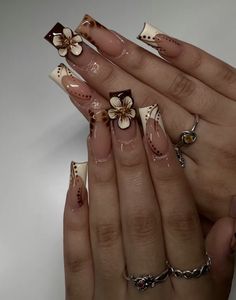 Brown Nails 3d Flowers, Brown Hibiscus Nails, Cute Medium Length Nails, Brown Flower Nails, Colored Acrylic Nails, French Acrylic Nails