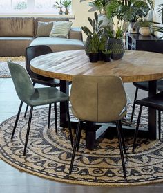 a round wooden table surrounded by black chairs and potted plants in a living room