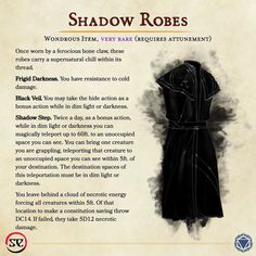 an advertisement for the shadow robe, which features information about its colors and sizes on it