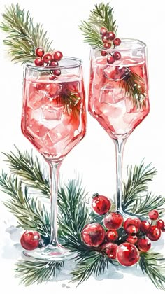 two glasses filled with pink liquid next to evergreen branches and red berries on the rim