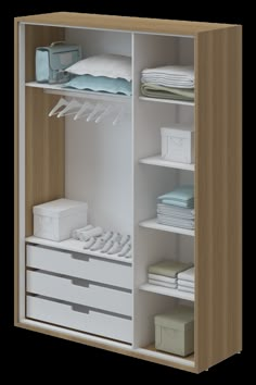 an open closet with clothes and boxes on the bottom shelf, next to a bed