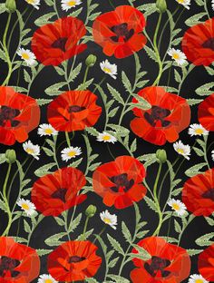 red and white flowers with green leaves on a black background, seamless wallpaper