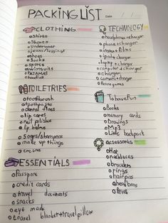 an open notebook with writing on it and the words packing list written in different languages