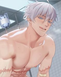 a man with white hair and no shirt in a bathroom next to a shower stall