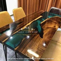 the table is made out of wood and has green glass top, with yellow chairs around it