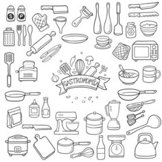 the kitchen utensils are drawn in black and white