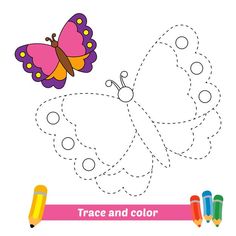 a butterfly flying in the sky with trace and color for children to learn how to draw