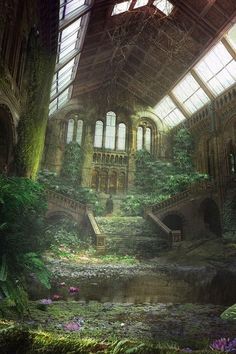 an old abandoned building with plants growing on the roof and windows above it, in front of a pond surrounded by greenery