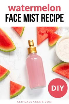 Watermelon face mist in glass spray bottle surrounded by fresh cut watermelon slices sitting beside a marble bowl filled with watermelon powder. Text overlay: watermelon face recipe DIY. Easy Diy Skincare Products, Recipes For Watermelon, How To Make Your Own Skin Care, Diy Selfcare Products, Diy Face Spray For Glowing Skin, Diy Face Products, How To Make Homemade Skin Care Products, Skincare Ideas Diy, How To Make Your Own Skin Care Products