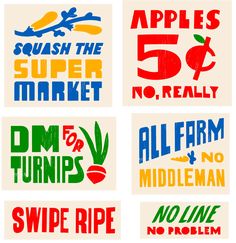 six stickers with different types of fruit and vegetables