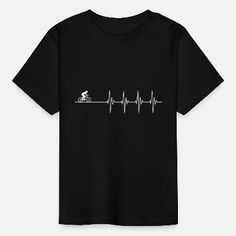 a black t shirt with an image of a person riding a bike and heartbeat on it