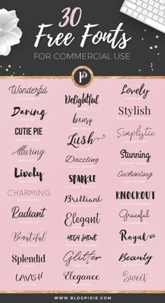 the 30 free font styles for commercial use are displayed on a black and pink background