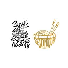 two hand drawn images of noodles and chopsticks with the words send noodle