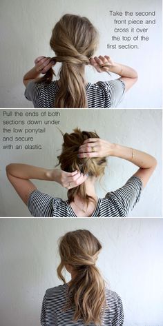 Criss cross low ponytail                                                                                                                                                                                 More Effortless Hairstyles, Work Hairstyles, Short Hairstyle, Haircuts For Long Hair, Hair Envy, Hair Dos, Hair Day, Up Hairstyles, Medium Length Hair Styles