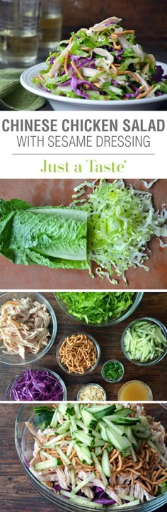 chicken salad with sesame dressing and lettuce in bowls on a wooden table top