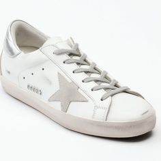 Golden Goose Size 38 Never Worn Just Tried Once With Socks Brand New With Box & Duster Bag White & Silver With Distressing Low Top Silver Golden Goose, Shoes Golden Goose, Nyc Girl, Super Rich Kids, Goose Shoes, Super Rich, Golden Goose Shoes, Rich Kids, Golden Goose