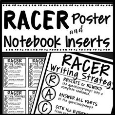 a black and white poster with the words racer and notebook inserts