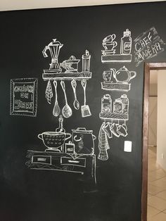 a chalkboard with kitchen items drawn on it