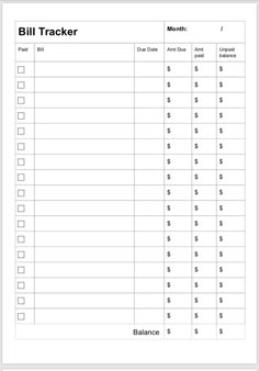 a bill tracker is shown in the form of a blank sheet with numbers on it