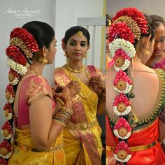 two women in yellow and red sari are getting ready to go on their wedding day