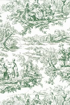 a green and white toiler wallpaper with people in the woods on it