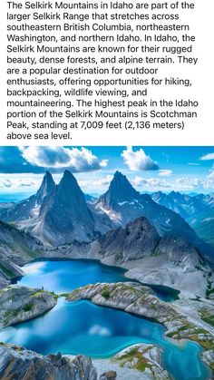 the mountains and lakes are surrounded by blue water, with white clouds in the sky