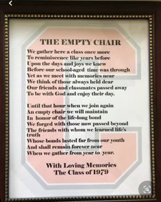 the empty chair poem framed in wood with gold trimmings and border around it