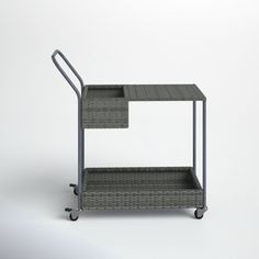 a gray wicker shelf with two shelves on each side and a metal hand rail