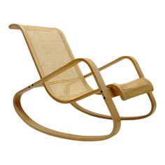 a wooden rocking chair with wicker seat and back support, viewed from the front