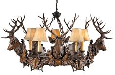 a chandelier with deer heads and lamps on it