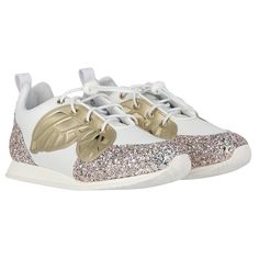 White trainers for girls by luxury designer Sophia Webster Mini. They feature gold butterflies round the elasticated laces with sparkling glitters panels at the toe and heel. Finished with a logo tab at the back and white non slip rubber soles. Comes with branded box.  #sophiawebstermini #goldbutterflytrainers #sparklinggirlsshoes #luxurykidstrainers Sophia Webster, Sparkles Glitter, Gold Butterfly, White Trainers, Kids Branding, Kids Design, Luxury Designer