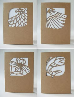 four different pictures of paper cut designs on brown card stocking, each with an eagle and bow