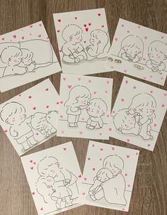 four cards with drawings of people hugging each other and hearts in the background on a wooden table