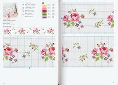 an open book with cross - stitch designs and instructions on the pages, including flowers