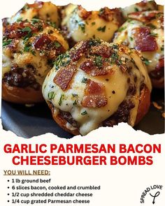 Easy Recipes By Crenn | Garlic Parmesan Bacon Cheeseburger Bombs 🍔🧄🧀🥓 | Facebook Bacon Cheeseburger Garlic Balls, Sides To Go With Cheeseburgers, Garlic Parmesan Bacon Cheeseburger, Garlic Parmesan Bacon Cheeseburger Bomb, Garlic Parmesan Cheeseburger Bites, Garlic Parmesan Bacon Cheeseburger Bites, Garlic Parmesan Bacon Cheeseburger Bombshell, Garlic Parmesan Cheeseburger Bombshell, Tri Tip Steak Recipes