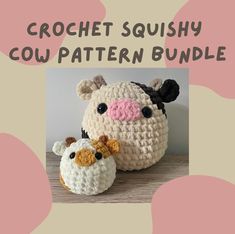 a crochet stuffed cow with its baby in it's mouth and the text, crochet squisy cow pattern bundle