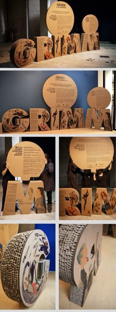 several different pictures of people and letters on display